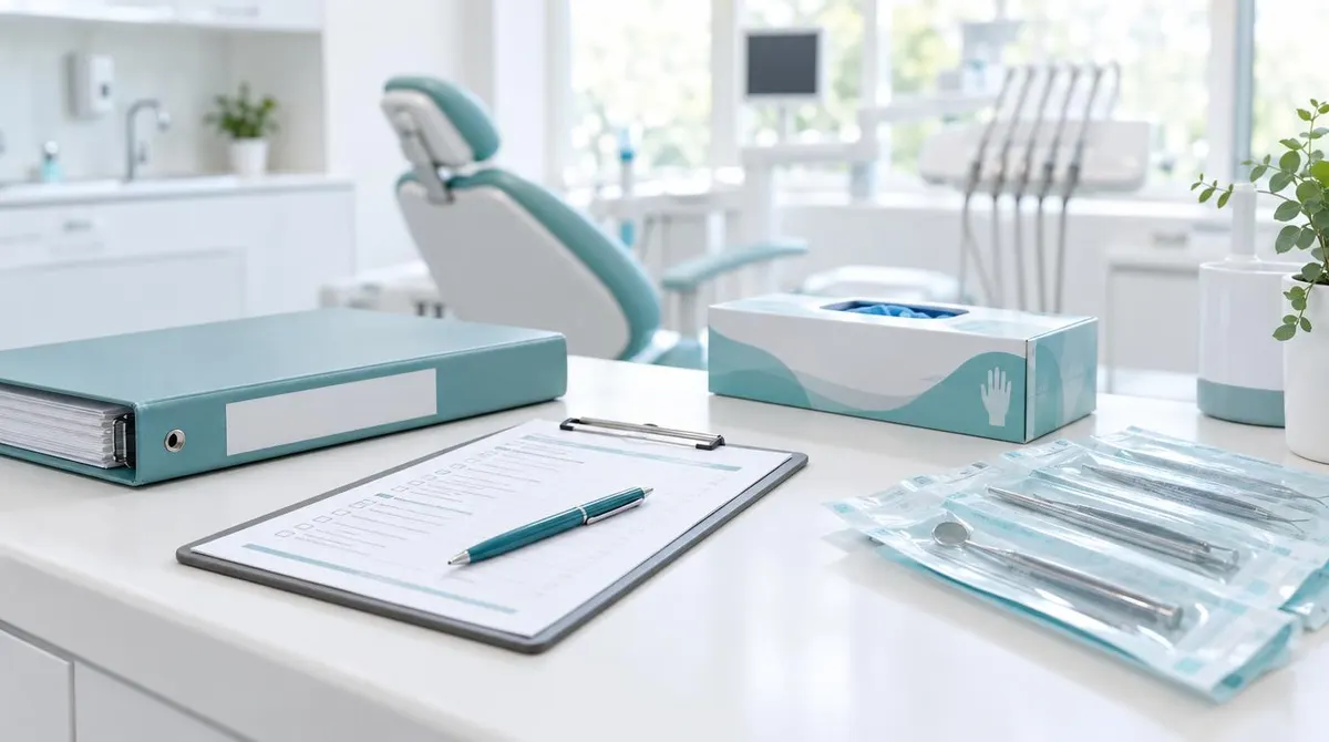 Clipboard holding a printed compliance checklist on a white clinic counter