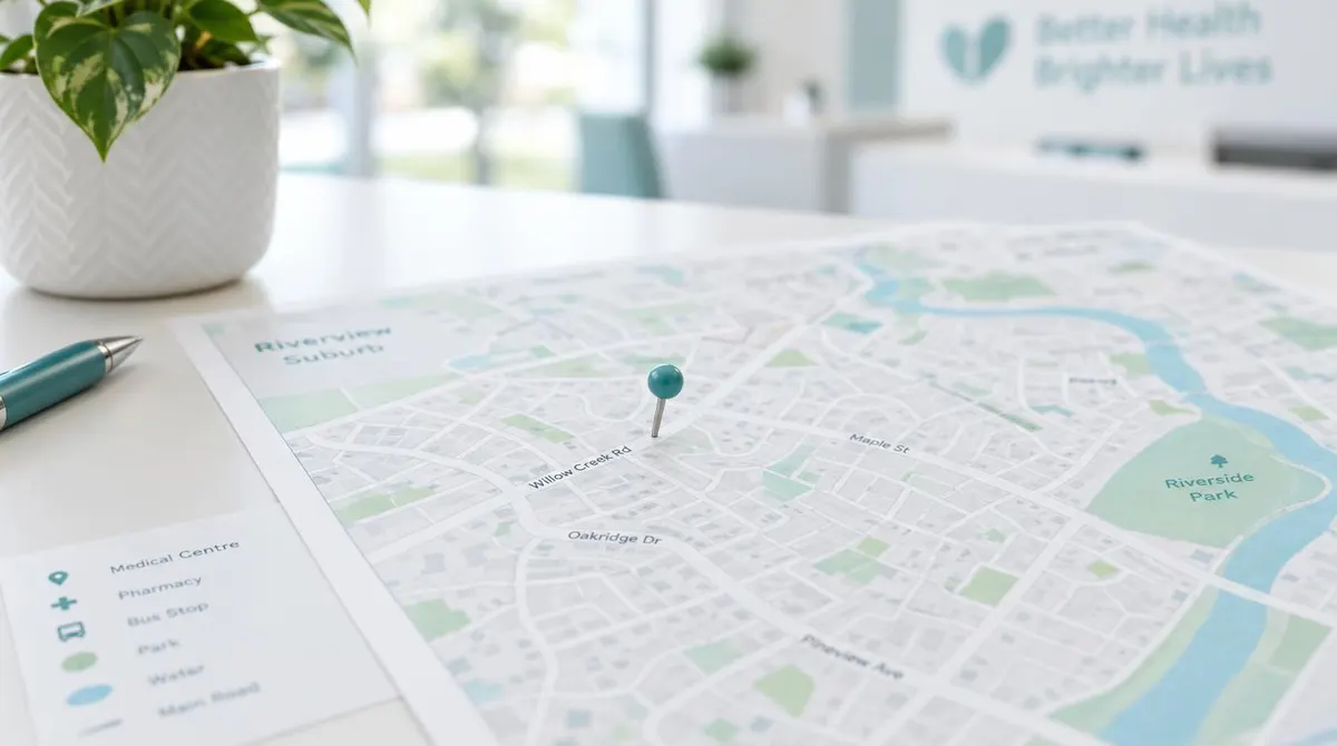 Printed suburban street map with a single pin, laid on a clinic reception desk