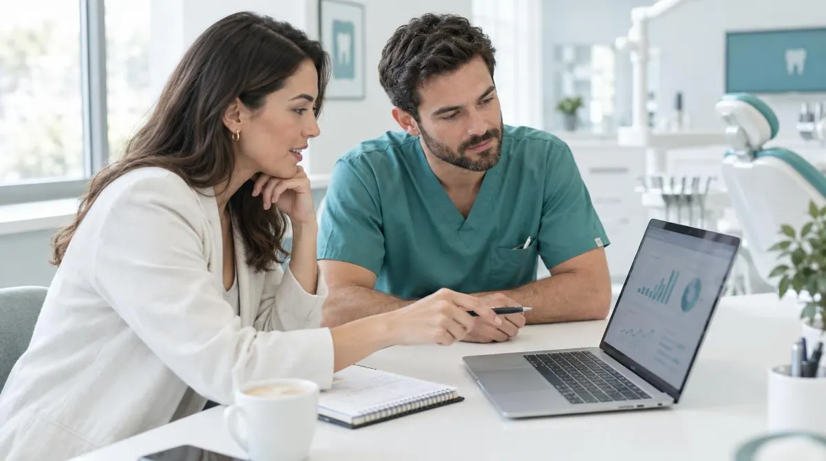 Marketing consultant and a dentist in scrubs reviewing a laptop together in a bright clinic