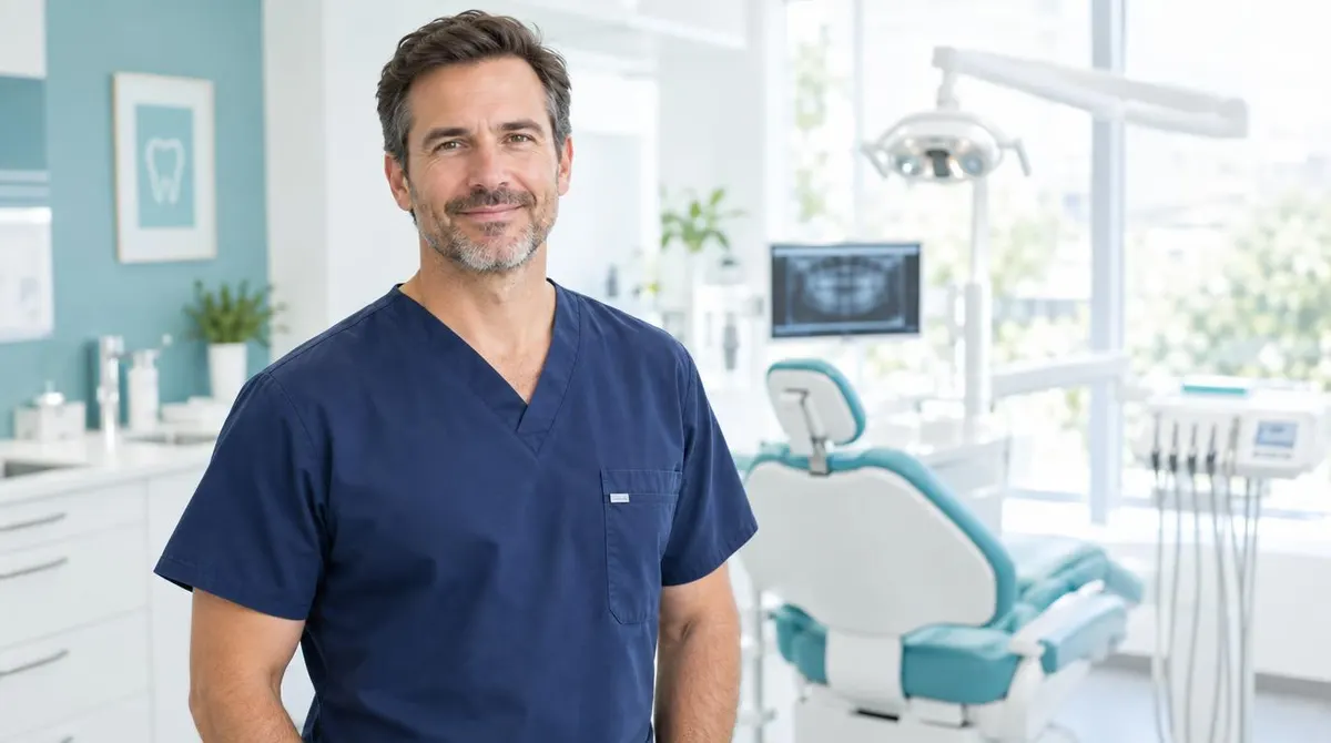 Practice owner dentist in navy scrubs standing in his own clinic