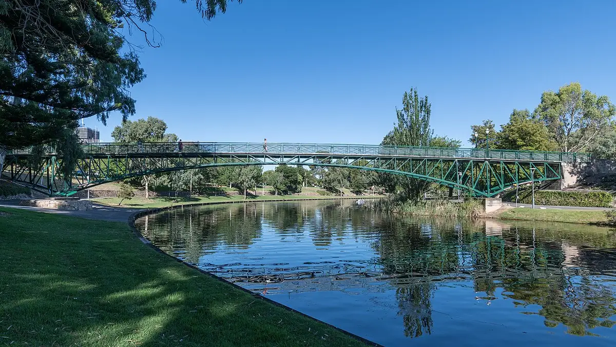 University Bridge spanning the River Torrens with the Adelaide CBD towers behind, 2023