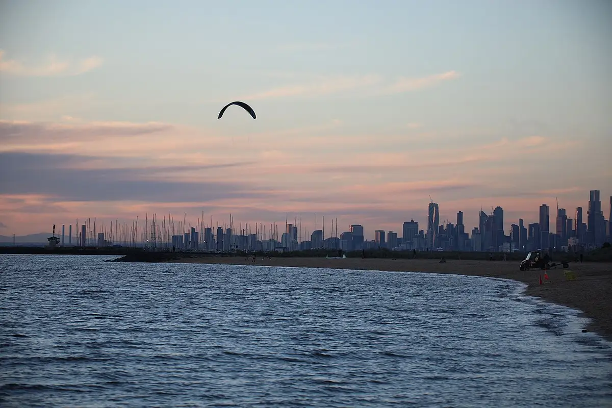 Melbourne city skyline at sunset seen from St Kilda Beach