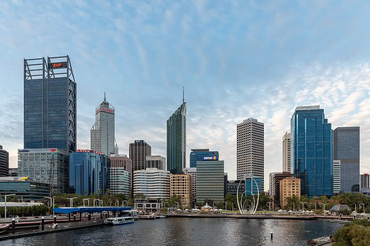 Perth Elizabeth Quay waterfront with the CBD skyline beyond