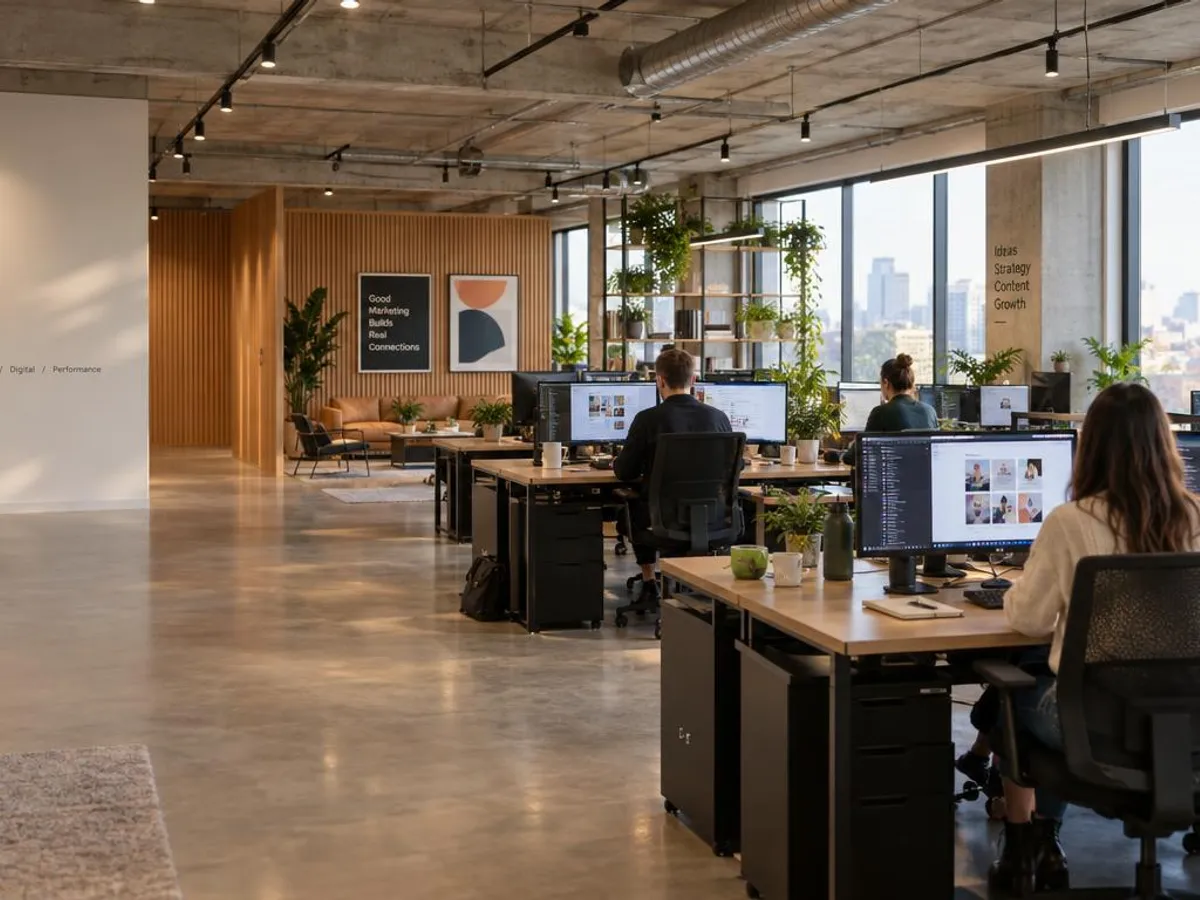 Open-plan marketing office with the team working at their desks