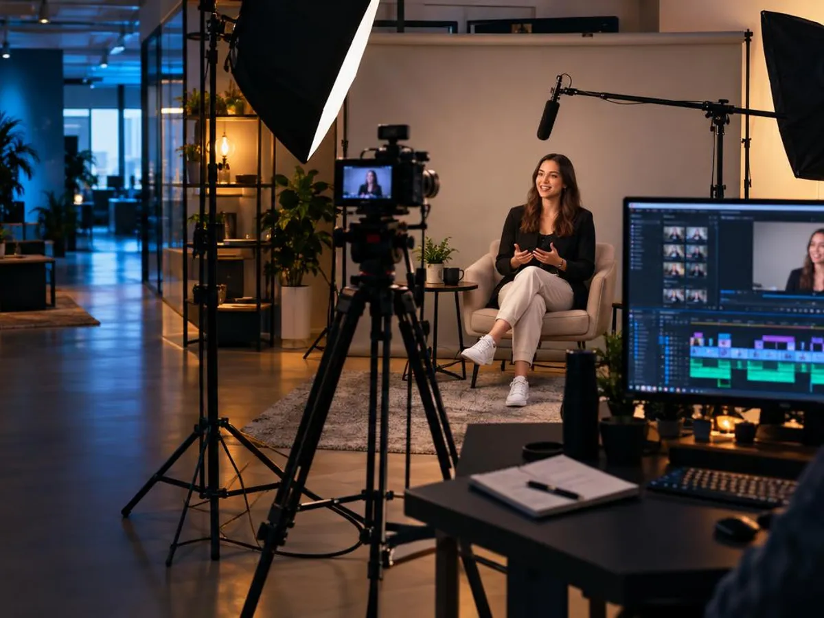 Content studio with a camera on a tripod and a presenter