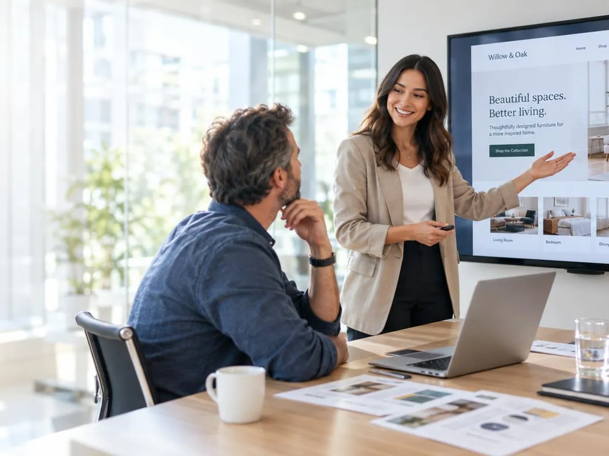 Consultant presenting a website redesign on a large screen to a client