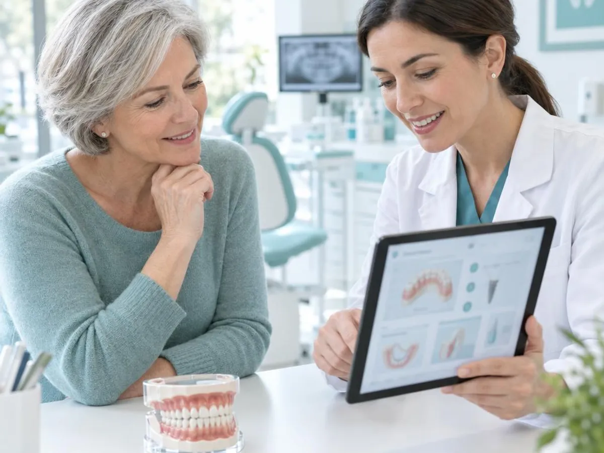 Older patient and dentist looking at a full-arch treatment plan on a tablet