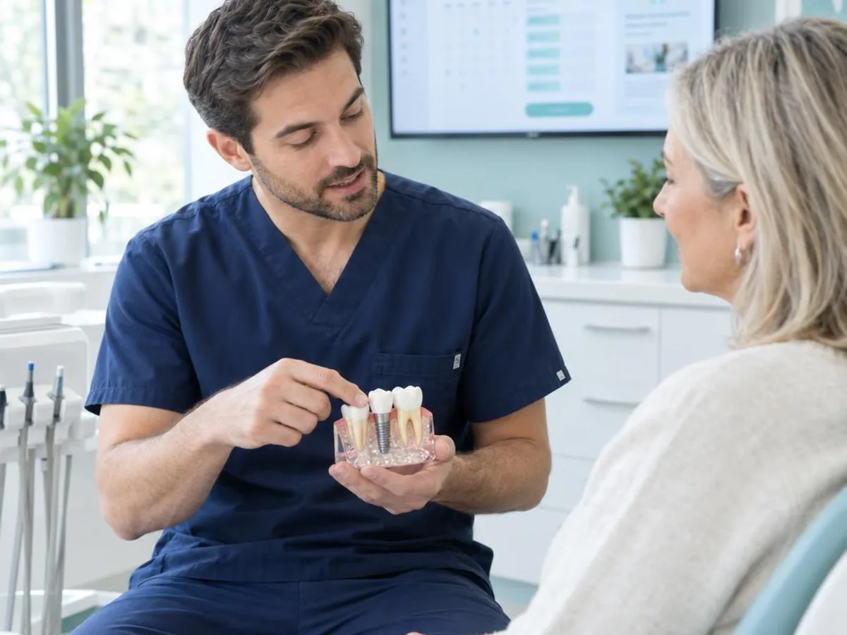 Dentist explaining an implant model to a patient in a consultation room