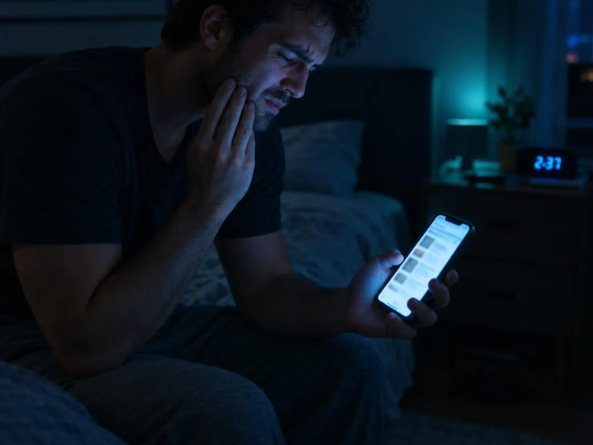 Man with toothache at night searching for an emergency dentist on his phone