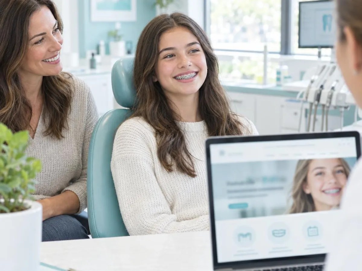 Smiling teenager with braces in an orthodontic clinic with a parent