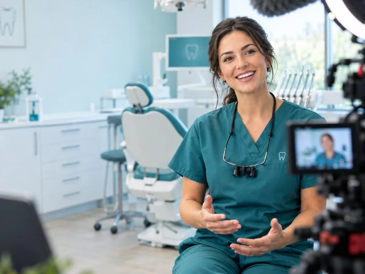 Dentist recording a video for the practice in a treatment room
